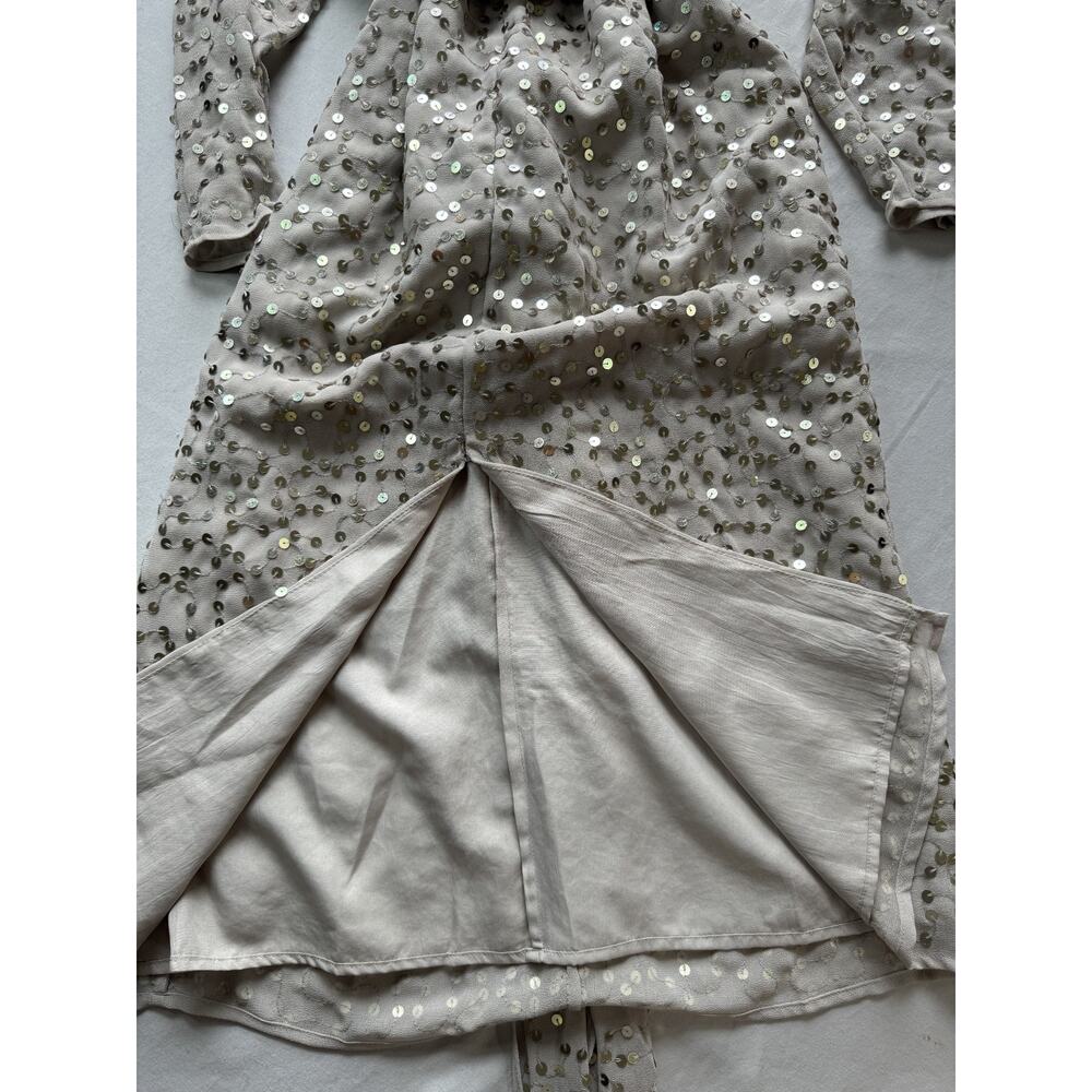 ASOS Design Nude Sequin Midi Dress Batwing Sleeve Front Slit Plunging Neck SZ 12 - Picture 11 of 13